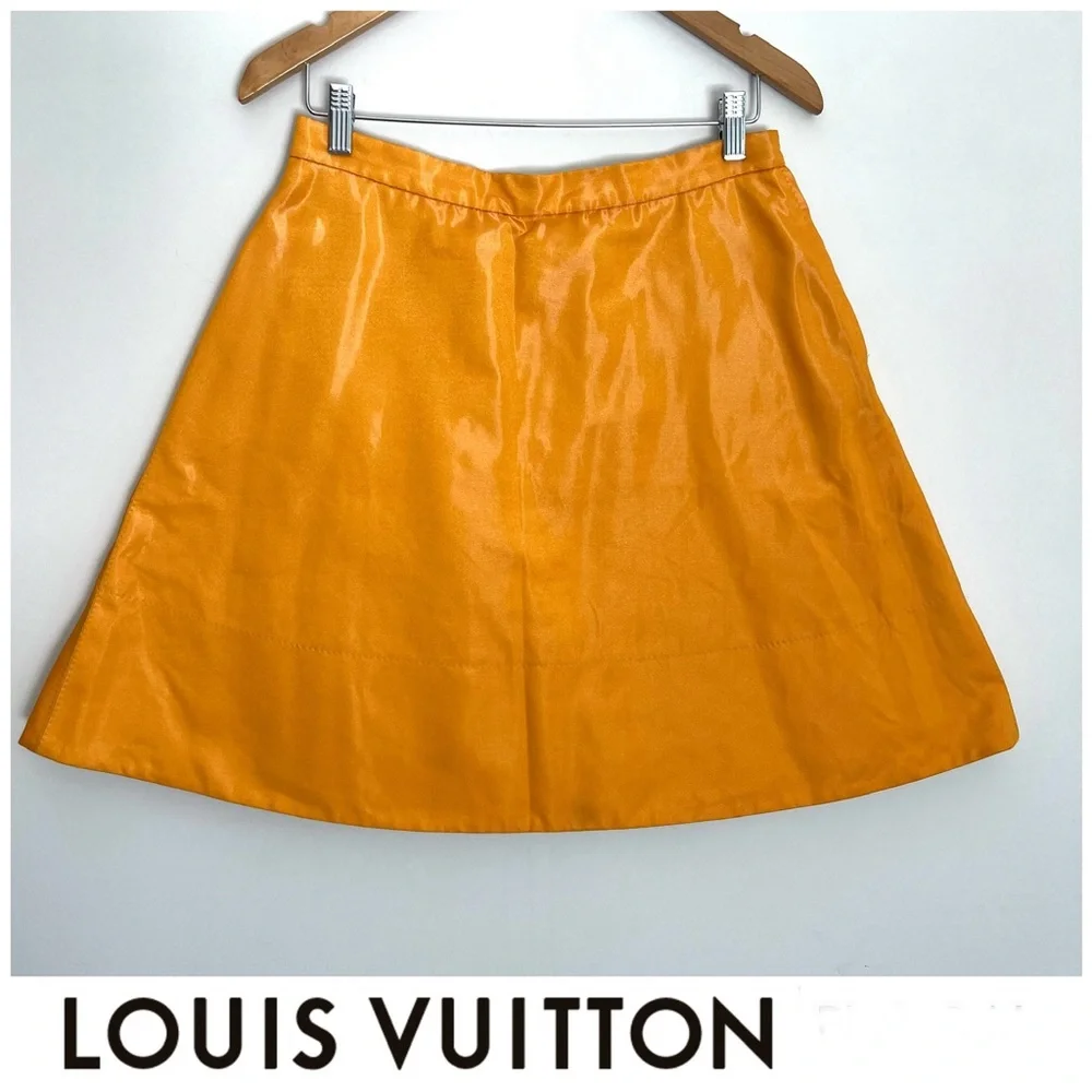 LOUIS VUITTON Mustard Shiny Cotton Blend A Line Mini Luxury Designer Skirt Sz 40